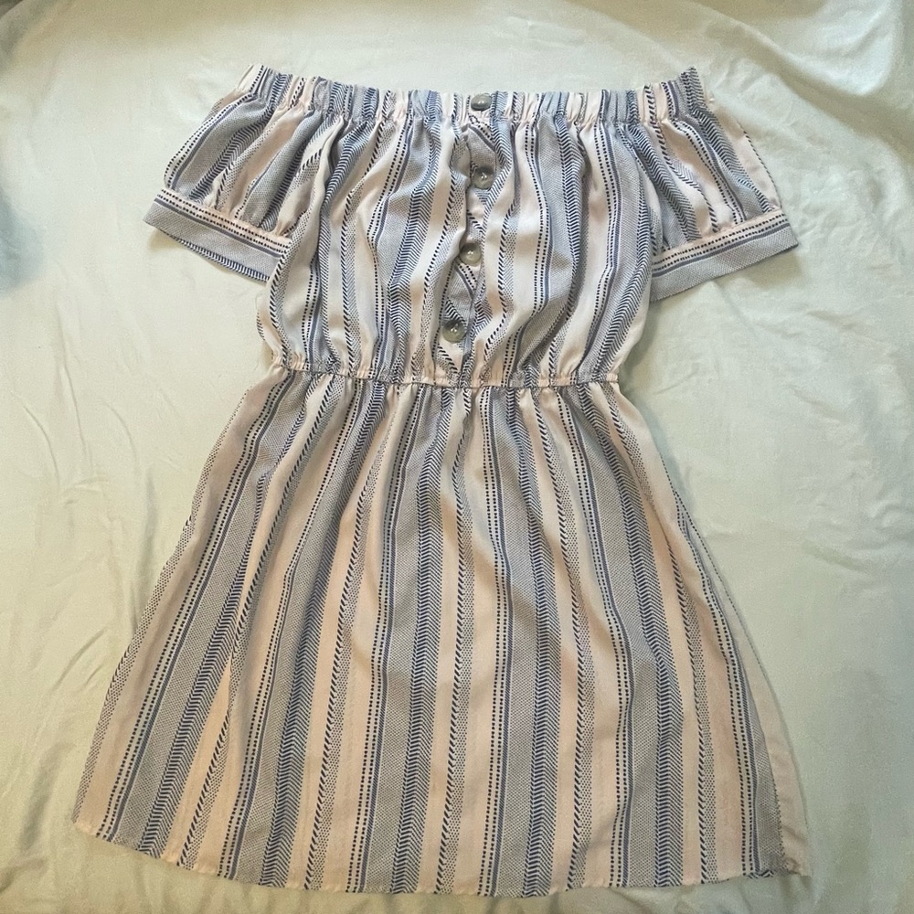Striped Off-Shoulder Button Front Dress - Blue & White